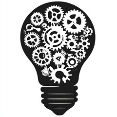 Poster - Black and white illustration of a lightbulb filled with gears.