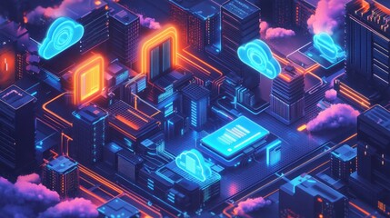 Poster - Isometric neon city with data flow and clouds.