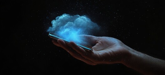 Fototapete - Hand holding phone with virtual cloud on top.