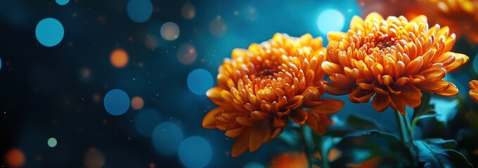 Poster - Orange chrysanthemums against bokeh lights, moody, dark floral background.