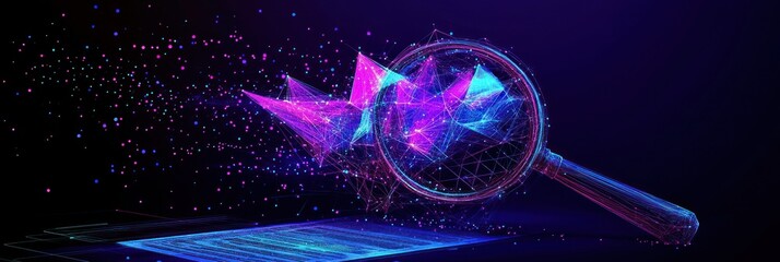 Aufkleber - Magnifier analyzes digital data; abstract geometry with purple, blue, and pink.
