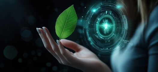 Aufkleber - Hand holding a leaf with digital circular graphic on dark background.
