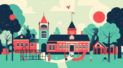 Poster - Colorful buildings, playground, and kids play under a bright sky.