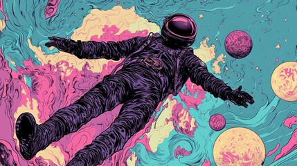 Aufkleber - Astronaut floating in vibrant space with planets.