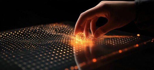 Aufkleber - Hand touches glowing surface with light spots.