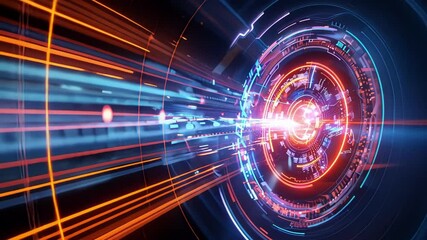 Poster - Glowing neon light trails and digital data stream rapidly through cyberspace, converging into a bright circular portal, symbolizing future technology and high speed data transmission