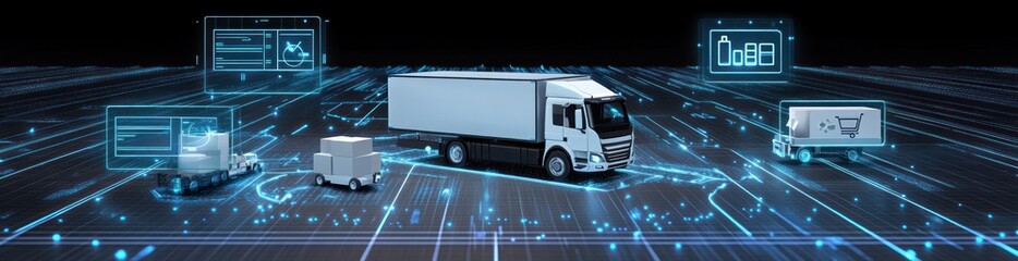 Poster - Cargo trucks move in digital network with screen interfaces.