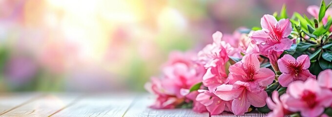 Aufkleber - Pink azaleas bloom on wood table, bokeh background.