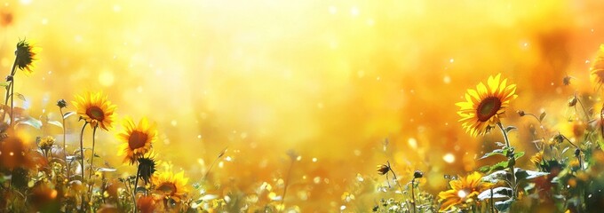 Aufkleber - Golden sunflowers field with bokeh sunlight and blurred background.