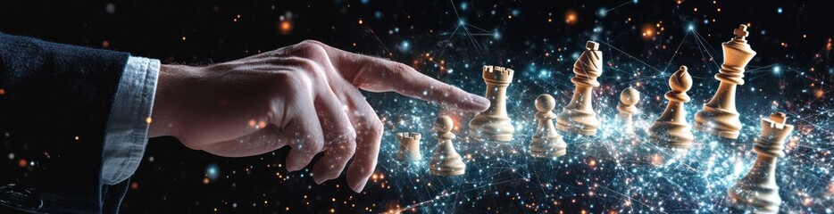 Poster - Hand moving chess piece with galaxy background, strategic move.