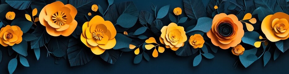 Poster - Paper flowers, yellow, dark leaves, and dots arranged in border on dark background.