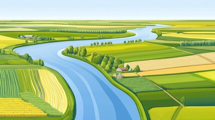 Poster - Aerial view of river flowing through green fields and farms.