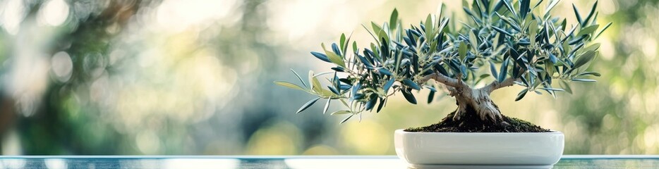 Aufkleber - Bonsai tree in white pot on glass table with blurred green background.