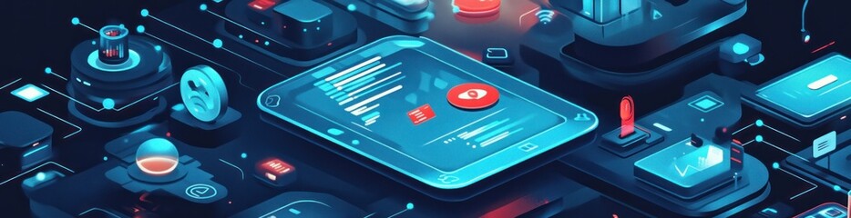 Poster - Futuristic technology with devices and interconnected lines.
