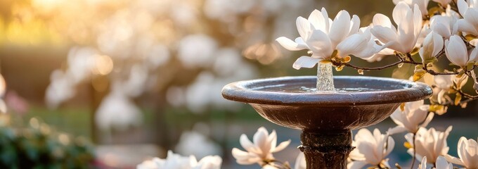 Aufkleber - Fountain with flowing water, surrounded by blooming magnolia flowers in sunlight.
