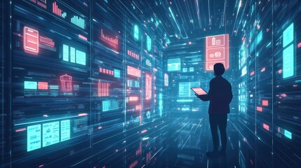 Poster - Man interacts with data in a futuristic, glowing, digital hall.