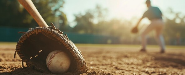 Poster - Baseball glove, ball, bat on field, blurred player.