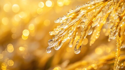 Poster - Frozen golden plant with glistening droplets, bokeh background.