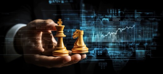 Poster - Hand holds chess pieces, digital background.
