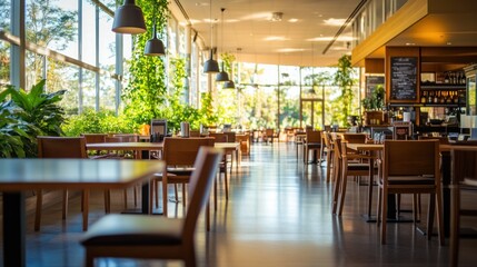 Aufkleber - Sunny interior dining area with large windows, plants, and modern decor.