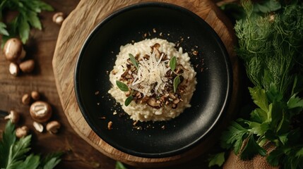 Poster - Mushroom risotto with herbs on a plate.