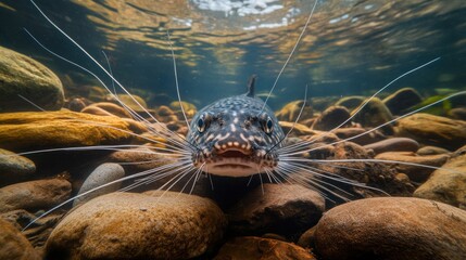 Fototapete - Underwater view of whiskered fish between stones.