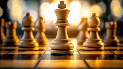 Poster - Chess game with focus on king piece, blurred background.