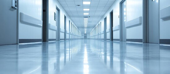 Wall Mural - Empty hospital corridor with gleaming floor and closed doors.