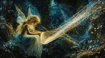 Wall Mural - A Golden Fairy Weaving Starlight In A Dark Forest