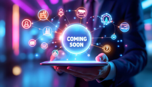Futuristic Coming Soon Digital Concept with Network Graphics