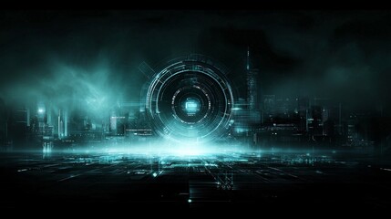 Poster - a futuristic city skyline representing modernization, glowing digital interfaces, robots collaborati
