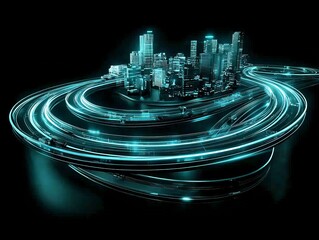Poster - global connectivity illustrated by luminous pathways between cities on a globe, robotics symbolizing