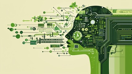 Poster - a visual metaphor of growth with automation, trees of circuits sprouting, robots planting seeds of i