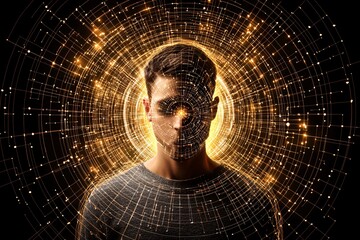 Poster - AI represented as a humanoid figure surrounded by a glowing, intricate network, symbolizing intelligence and automation