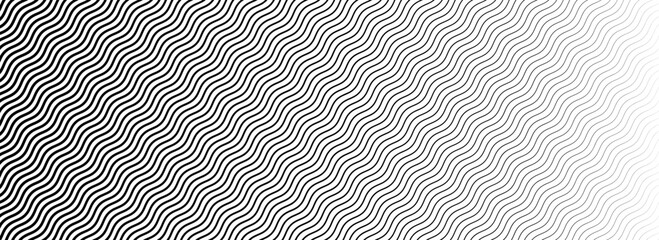 Poster - Wavy line gradient pattern. Black and white fading wave halftone gradation. Curved stripe texture wallpaper. Thin to thick zig zag strike background for overlay, print, cover, graphic design. Vector