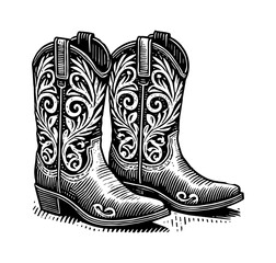 Wall Mural - pair of cowboy boots in a woodcut engraving or linocut style engraving black and white outline