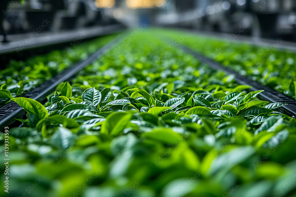 Tea leaves being processed in a modern tea factory, showing drying ...
