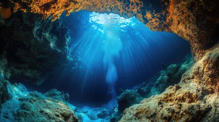 Canvas Print - Underwater cave entrance with sunlight