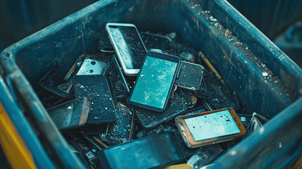 old smartphones being discarded into a recycling bin, digital detox concept and environmental reduci