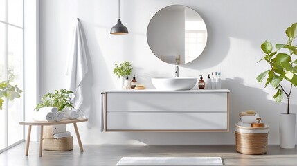 Poster - A modern and minimalist bathroom design featuring clean white walls a floating vanity and a round mirror that highlights the subtle wood accents and warm natural lighting