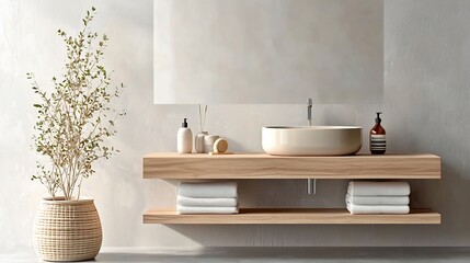 Poster - a serene and minimalist bathroom design featuring a floating wooden shelf a ceramic basin and a mute