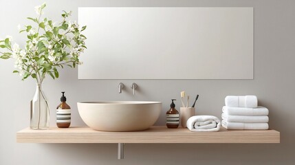 Poster - Serene and Minimalist Bathroom Interior Design with Floating Wooden Shelf Ceramic Basin and Muted Color Palette  Large Blank Wall Provides Ample Copy Space