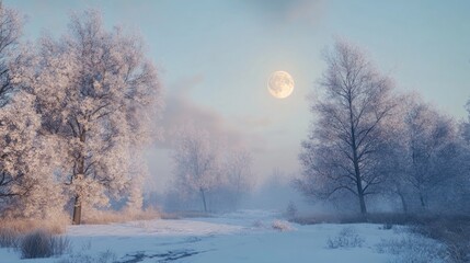 Wall Mural - snowy landscape under full moon