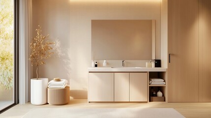 Poster - Minimalist bathroom design featuring soft beige tones a frameless mirror and hidden storage solutions creating an open airy