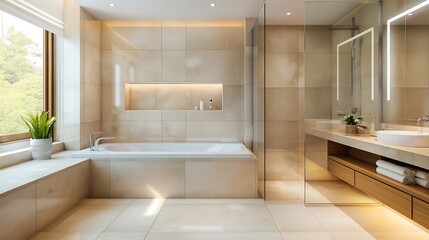 Poster - Spacious and Tranquil Minimalist Bathroom Design with Large Ceramic Tiles Built in Bathtub and Warm Wooden Accents Providing a Calming and Serene Atmosphere for Relaxation and Rejuvenation