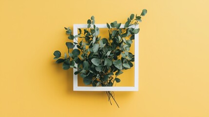 Poster - Creating calm with eucalyptus leaves in a white frame on a soft yellow background for mindfulness and wellness