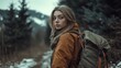 © Terablete - A young woman in a warm orange beanie and a blue jacket pauses on her hiking journey. She carries a large backpack, surrounded by lush greenery and autumn foliage.