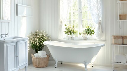 Poster - A bright and airy vintage style bathroom featuring a classic clawfoot tub white paneled walls and a window with lace curtains providing a blank section for easy copyspace or text insertion