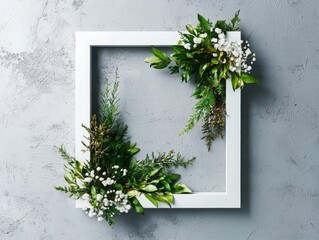 Poster - Arranging soft petals and greenery in a white frame serene composition nature indoor close-up perspective elegant gray background