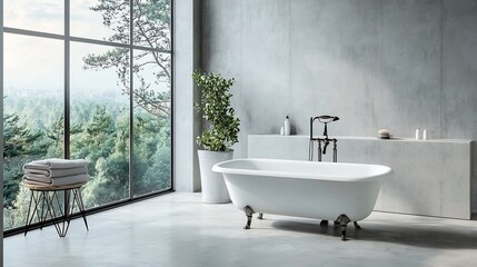 Poster - A minimalist and modern bathroom design featuring a freestanding bathtub large floor to ceiling windows and smooth concrete walls providing ample copy space and a serene calming atmosphere